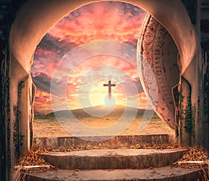 Easter concept: Empty tomb stone with three cross on meadow autumn sunrise background