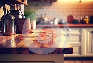 Empty top of corner of wooden table. Kitchen room with white furniture as blurred background. Generative Ai Art. Kitchen utensils