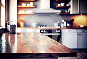 Empty top of corner of wooden table. Kitchen room with white furniture as blurred background. Generative Ai Art. Kitchen utensils