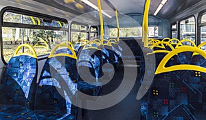 Empty top floor of a London double-decker bus