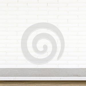 Empty top of stone table on white brick wall background