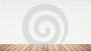 Empty top of wood floor with white brick wall background