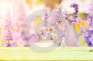 Empty top wooden on beautiful flower in colorful color soft focus for background.