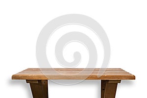 Empty top of wooden shelf isolated on white background