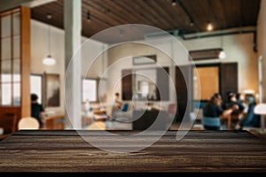 Empty top of wooden shelves on coffee shop ,tree front view background. For product display blur background image, for product