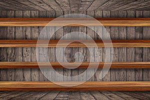 Empty top of wooden shelves on dark Board wood background, For