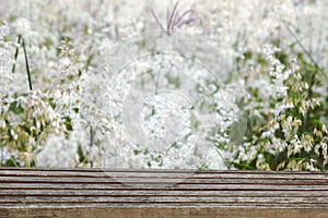 Empty top wooden table on blurred the grass or Liliopsida for background. photo