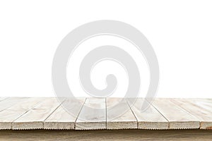 Empty top of wooden table or counter isolated on white background