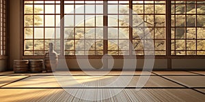 Empty traditional Japanese style room with tatami mat floor in sunlight from wood shoji blind window on tatami mat floor wall for