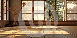 Empty traditional Japanese style room with tatami mat floor in sunlight from wood shoji blind window on tatami mat floor wall for