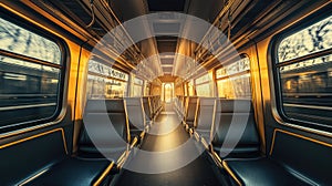 Empty Train Car Interior with Warm Sunset View