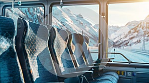 An empty train carriage with large windows showing a stunning view of snowy mountains in Europe, Ai Generated