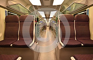 Empty train seats view - urban travel and commuting concept