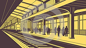 Empty Train Station Platform at Night with Distant Train, vector design Generative AI
