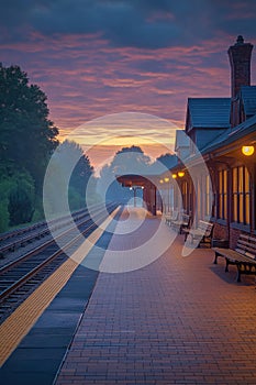 Empty train station platform at sunrise with dramatic sky