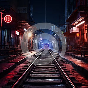 an empty train track in a city at night