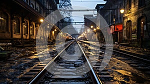 an empty train track in the middle of a city at night