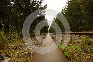 an empty train track surrounded by tall green trees and rocks