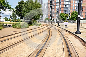 Empty tramway tracks with switches in a residential district