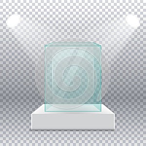 Empty transparent glass box on pedestal with spotlights on the sides on a transparent background.