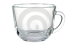 Empty transparent glass cup with round handle isolated on white background