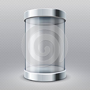 Empty transparent glass cylinder 3d showcase isolated vector illustration