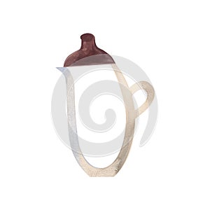 Empty transparent glass lemonade pitcher with dark brown wooden lid in sketch style. Clipart. Isolated watercolor