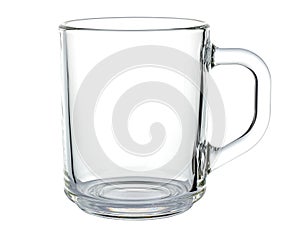 Empty transparent glass mug with round handle isolated on white background