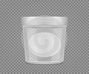 Empty transparent jar mockup with label for cheese, ice cream, butter, frozen yoghurt