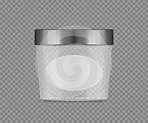 Empty transparent jar mockup with label and silver cap for cheese, ice cream, butter, frozen yoghurt