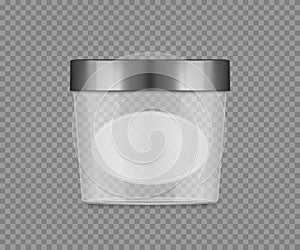 Empty transparent jar mockup with label and silver cap for cheese, ice cream, butter, frozen yoghurt