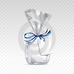 Empty Transparent Plastic Bag Packaging Blank White Label Isolated Background