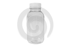 Empty transparent plastic bottle with lid for dairy products and juices isolated on white background. Packaging products. Plastic