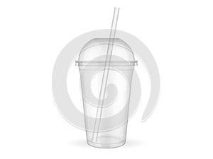 Empty transparent plastic cup with straw on white background