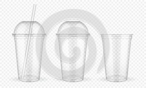 Empty transparent plastic cups with straw on white background