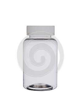 Empty, transparent plastic small bottle for tablets, capsules and pills with a protective cover on a white background