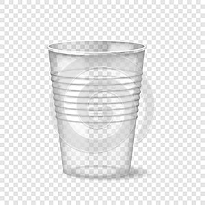 Empty transparent realistic cup glass. Mockup plastic disposable 3D packaging for takeaway