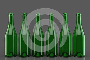3d rendering. Empty transparent  red wine bottle green glass row on dark gray background