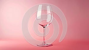 Empty transparent wine glass mockup isolated on pink background.