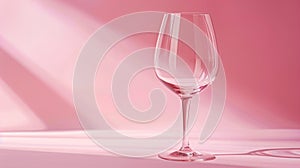 Empty transparent wine glass mockup isolated on pink background.