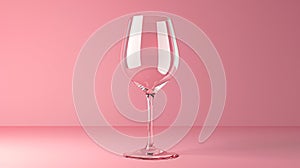 Empty transparent wine glass mockup isolated on pink background.