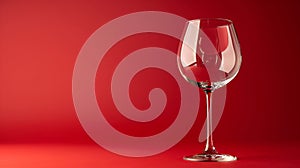 Empty transparent wine glass mockup isolated on red background.