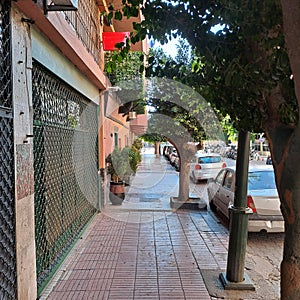 Empty tree lined street in Marrakech, Morocco during Ramadan