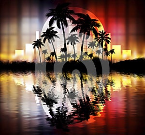 Empty tropical background of night sea beach. Silhouettes of tropical palm trees