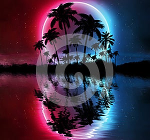 Empty tropical background of night sea beach. Silhouettes of tropical palm trees