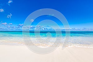 Empty tropical beach background. Horizon with sky and white sand