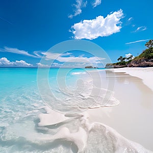 empty tropical beach, characterized by its pristine, white sandy shores, crystal clear blue waters, beauty of nature.