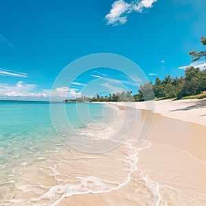 empty tropical beach, characterized by its pristine, white sandy shores, crystal clear blue waters, beauty of nature.