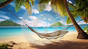 tropical beach with palm trees, hammock swaying in gentle breeze photo