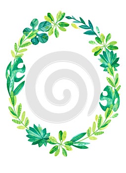 Empty tropical leaves frame with hand drawn illustration.